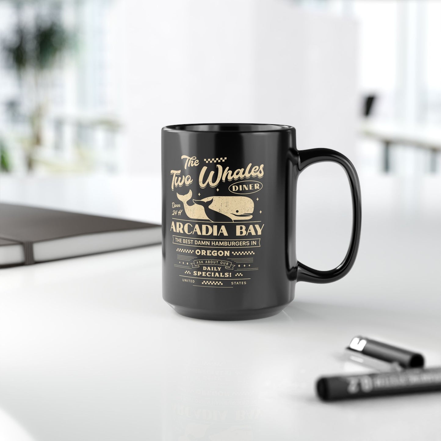 The Two Whales Diner Emblem Black Mug