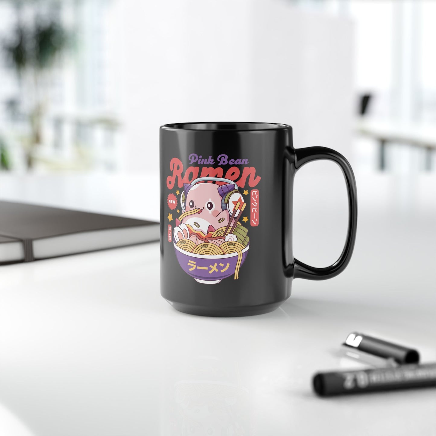 Pink Bean Ramen Kawaii Black Mug