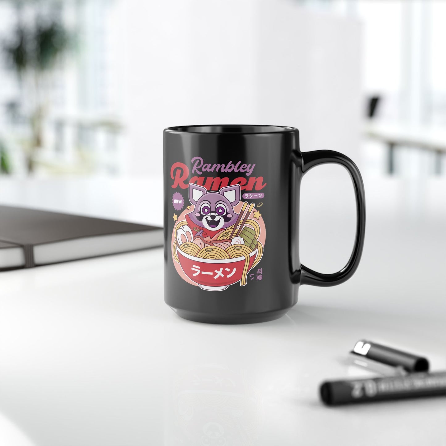 Rambley The Raccoon Ramen Black Mug
