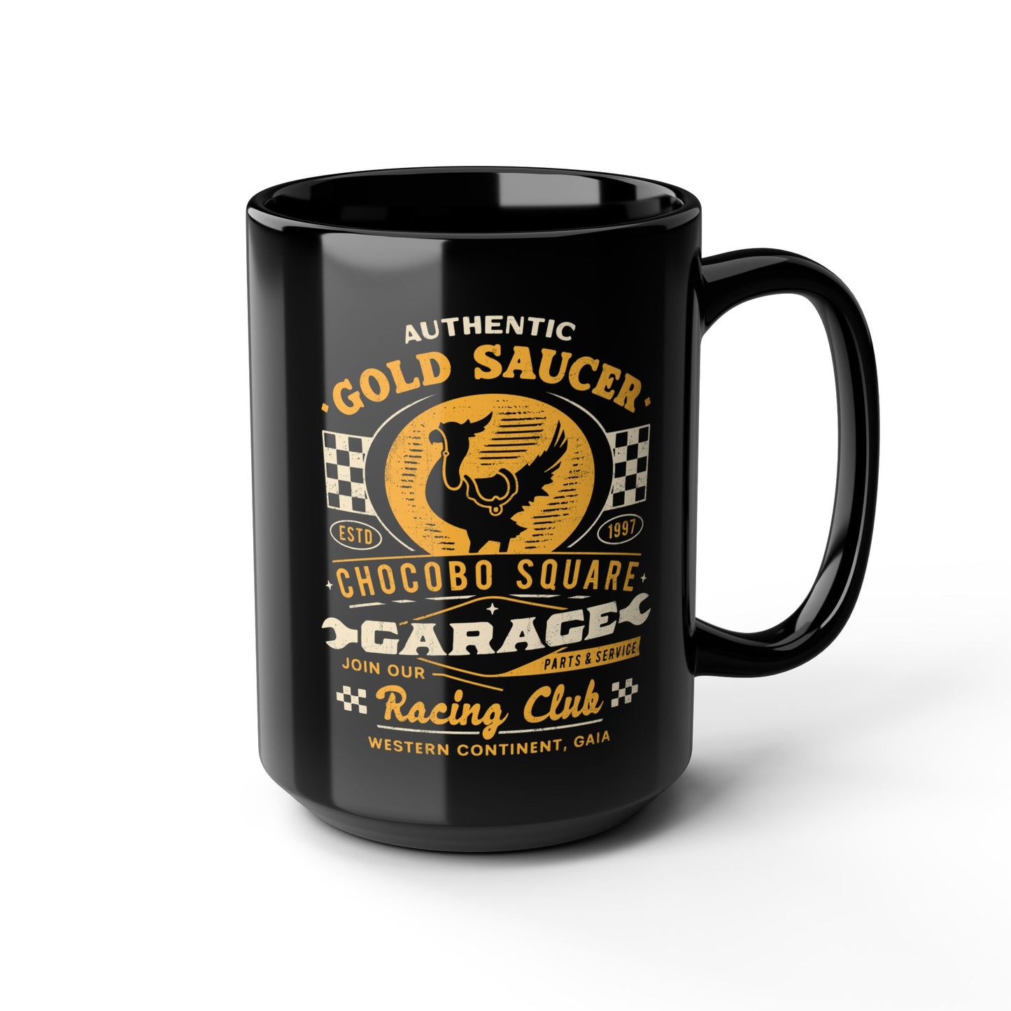 Gold Saucer Garage Vintage Black Mug