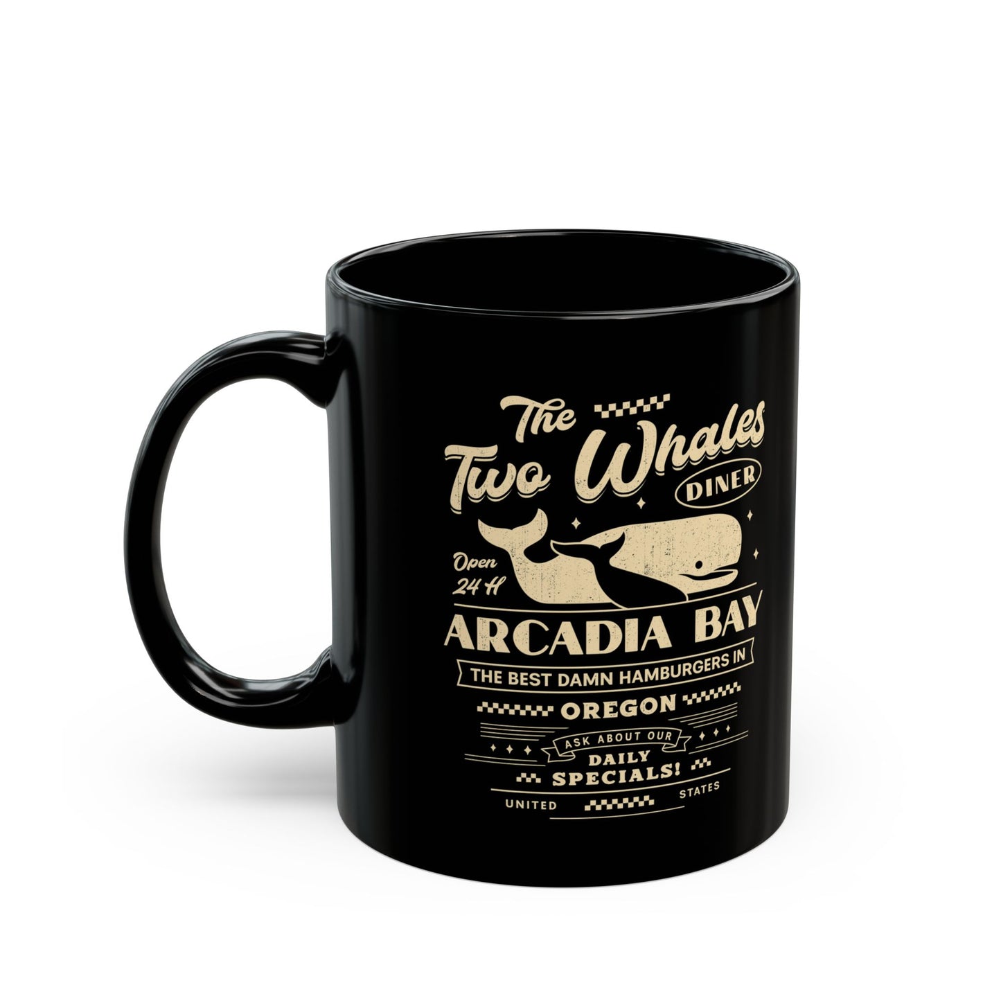 The Two Whales Diner Emblem Black Mug