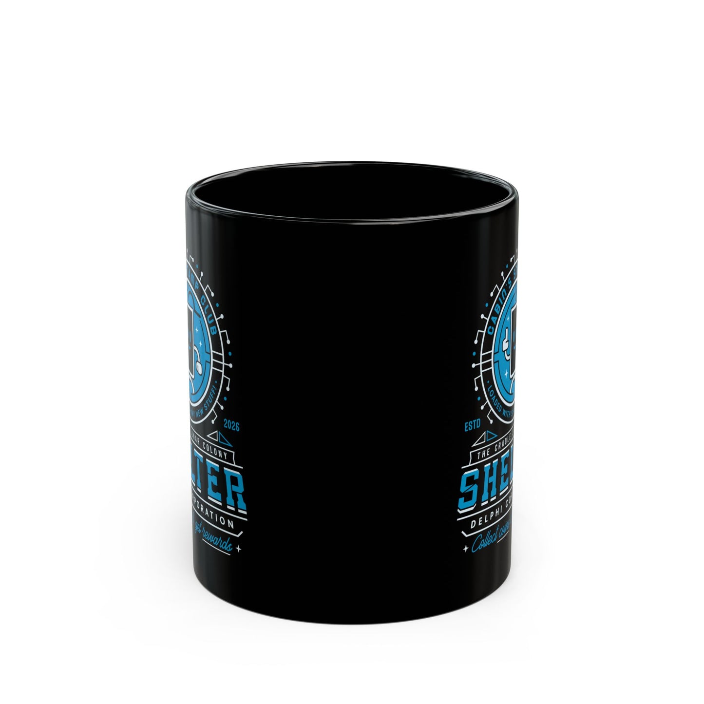 Cabin Coins Stamp Club Emblem Black Mug