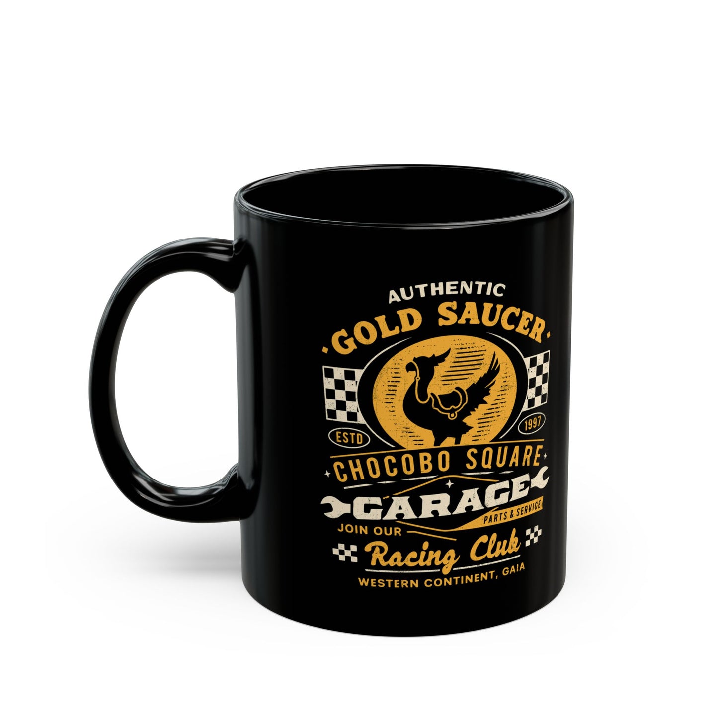 Gold Saucer Garage Vintage Black Mug