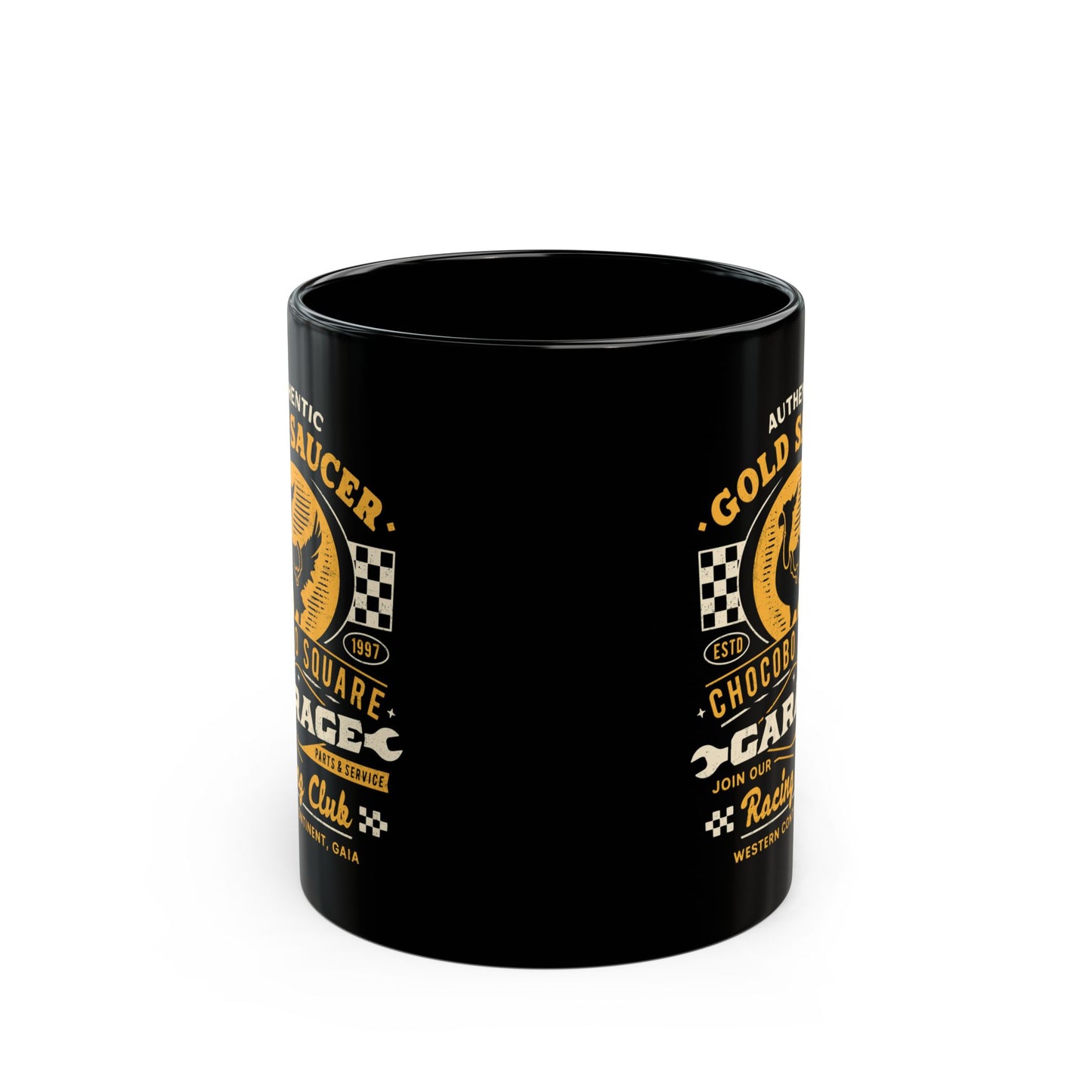 Gold Saucer Garage Vintage Black Mug