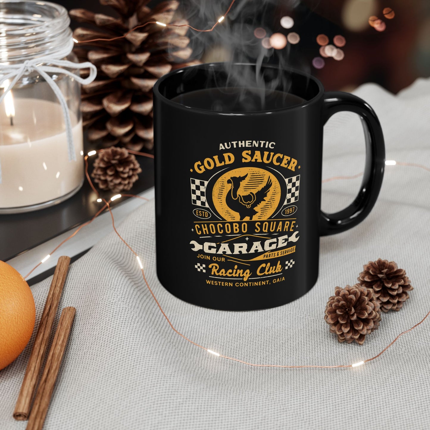 Gold Saucer Garage Vintage Black Mug