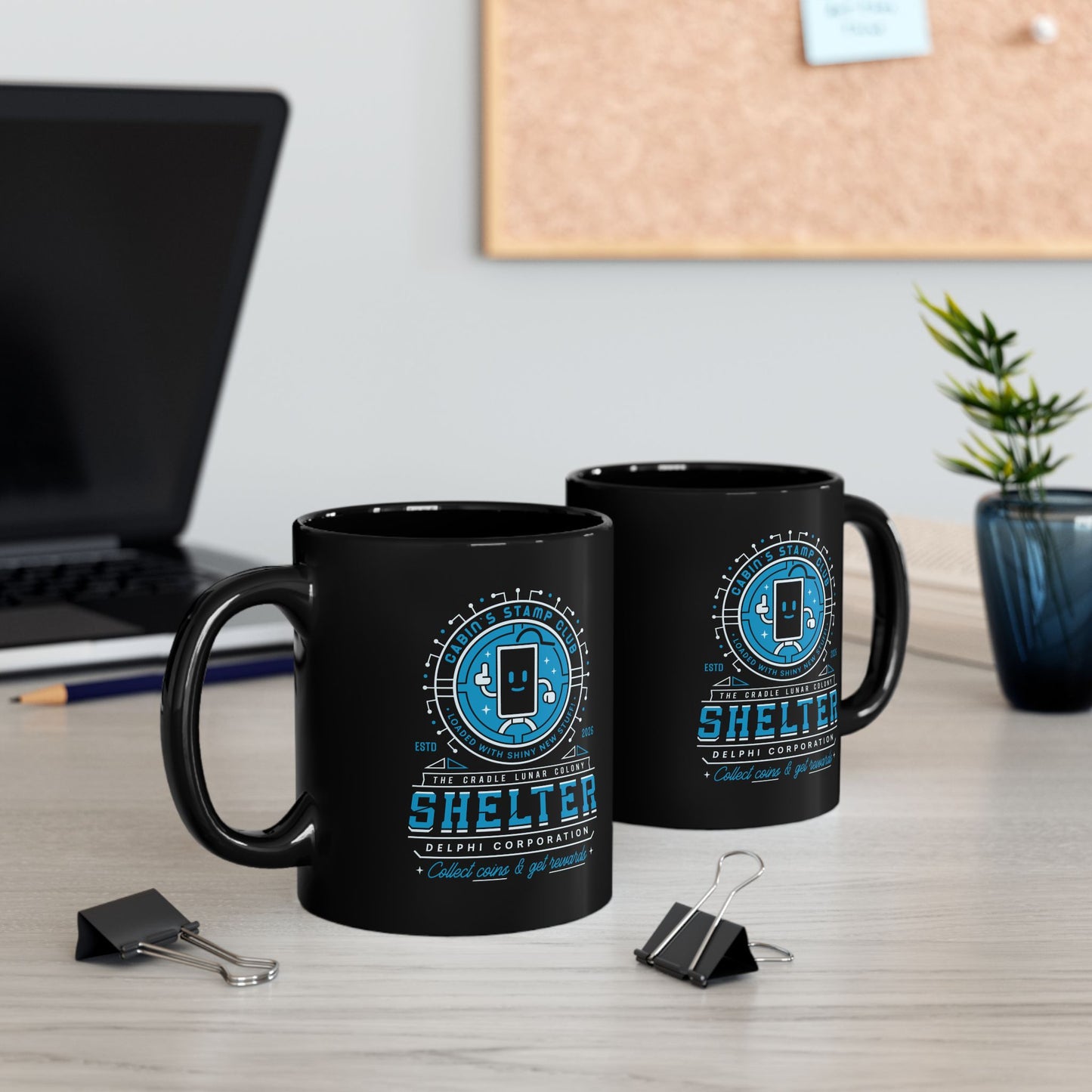 Cabin Coins Stamp Club Emblem Black Mug