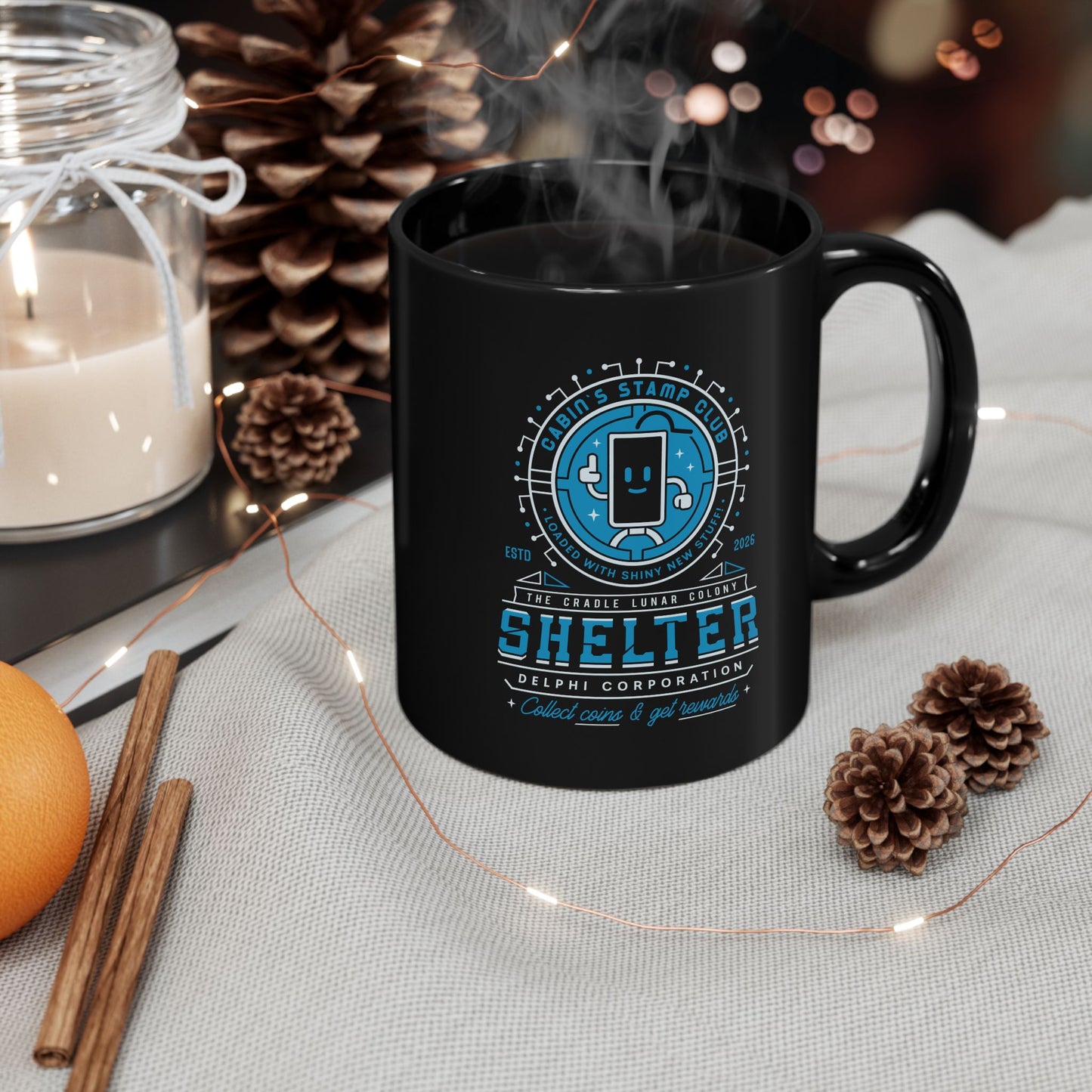 Cabin Coins Stamp Club Emblem Black Mug