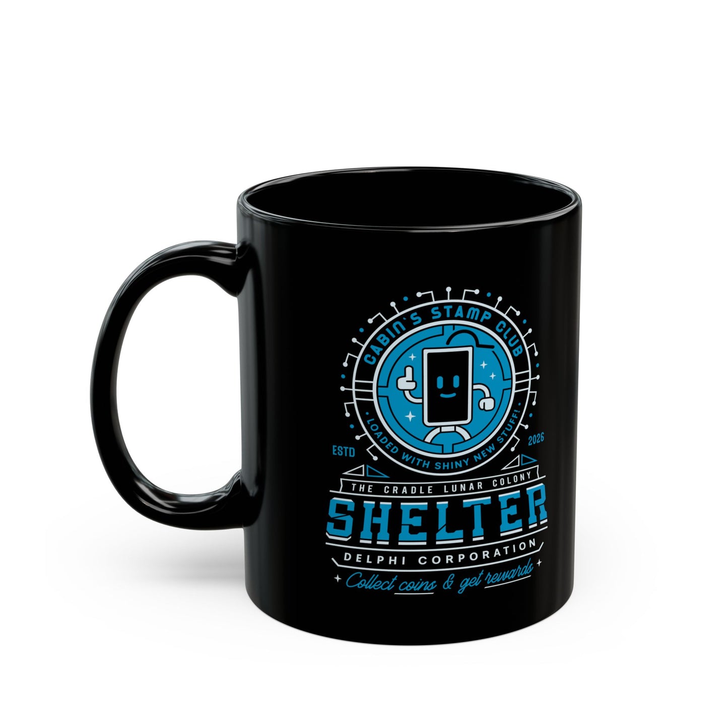 Cabin Coins Stamp Club Emblem Black Mug