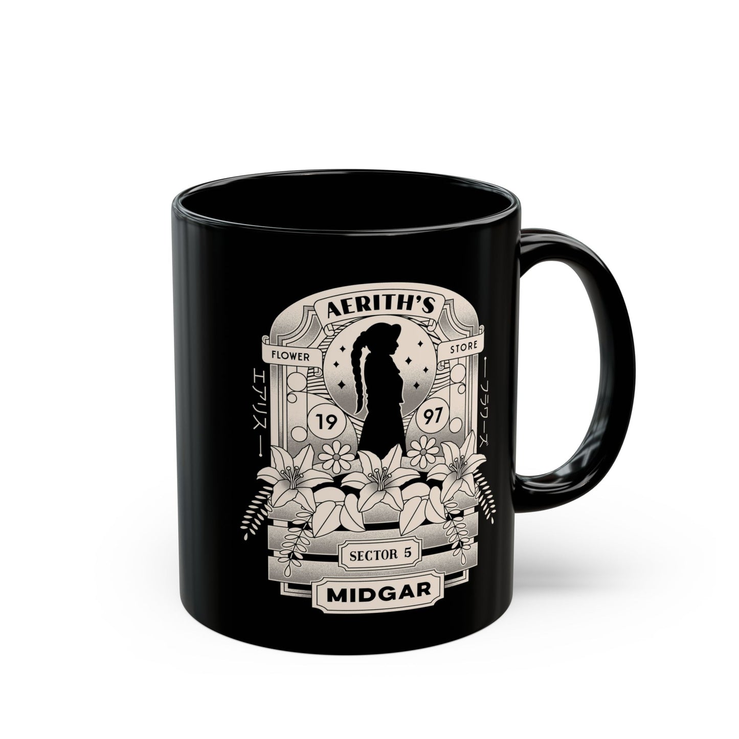 Aerith And Flowers Black Mug