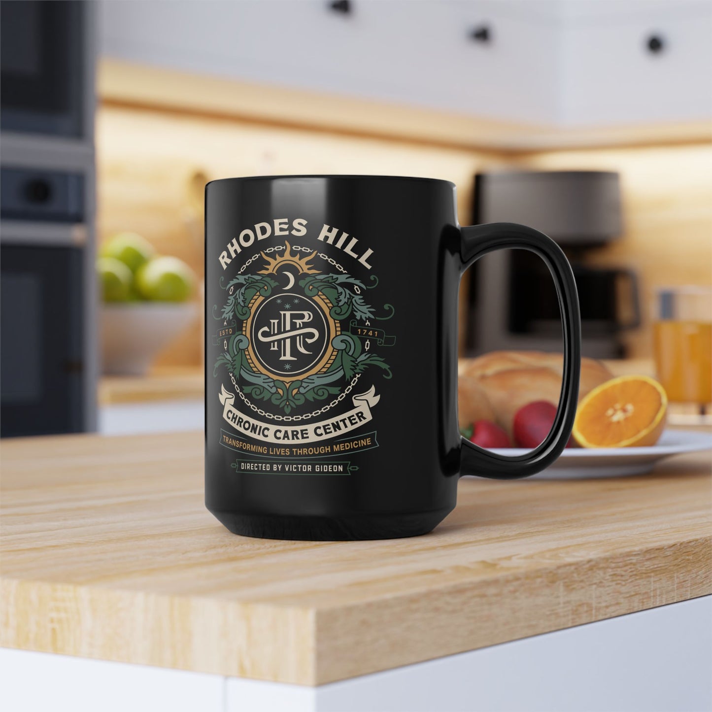 Rhodes Hill Chronic Care Center Crest Black Mug