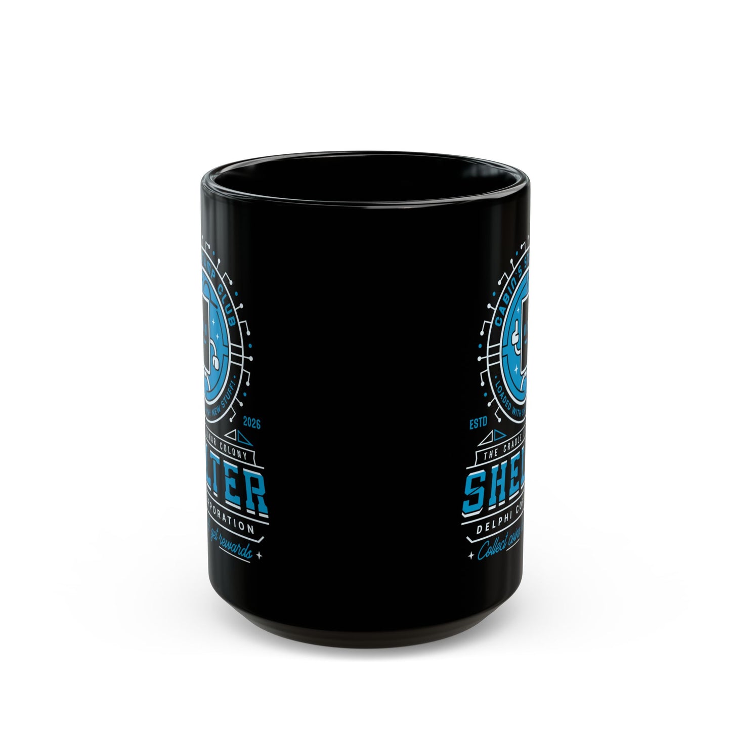 Cabin Coins Stamp Club Emblem Black Mug