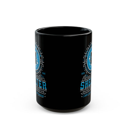 Cabin Coins Stamp Club Emblem Black Mug