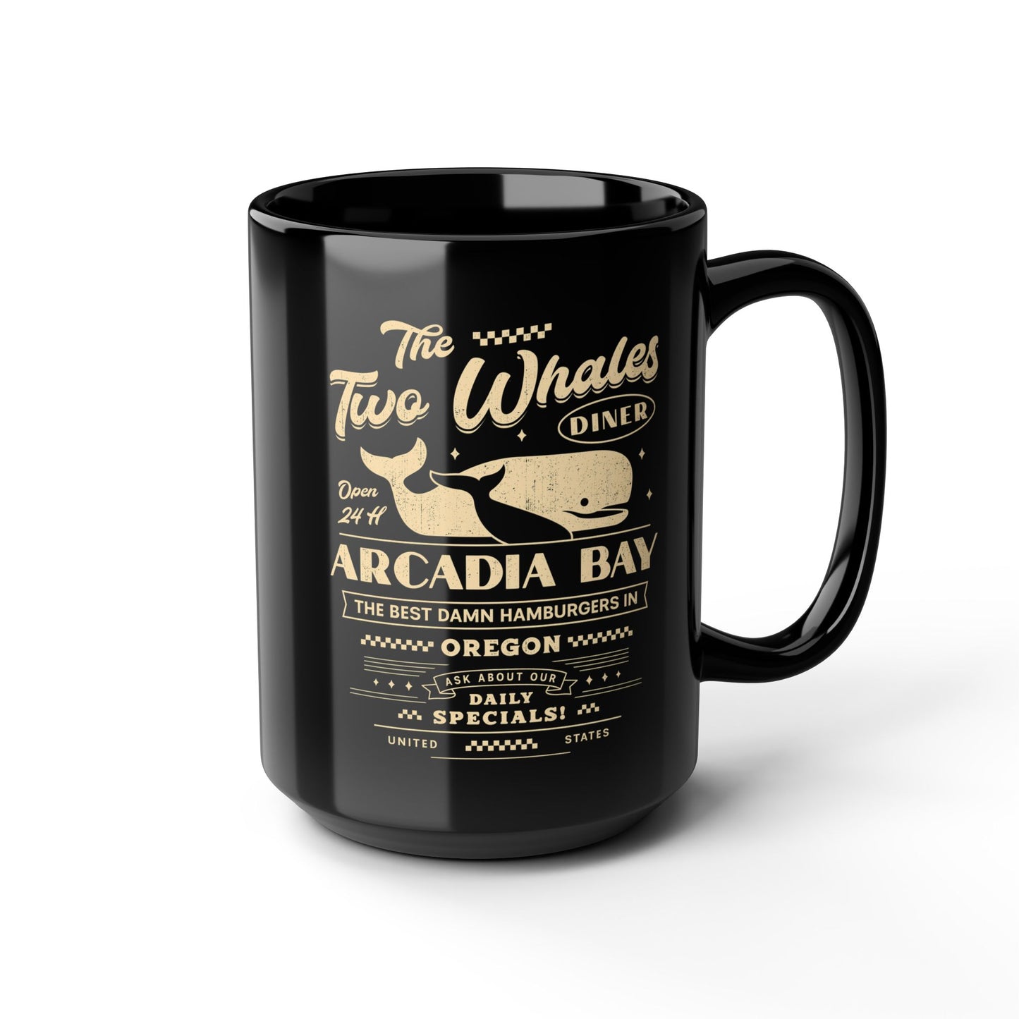 The Two Whales Diner Emblem Black Mug