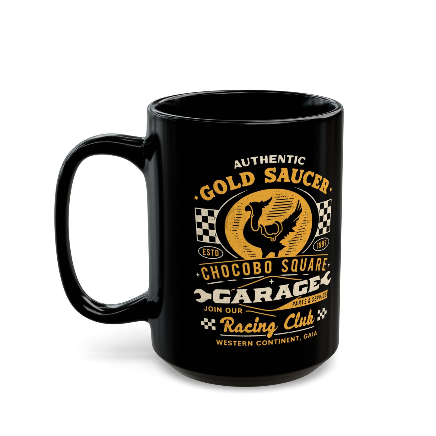 Gold Saucer Garage Vintage Black Mug