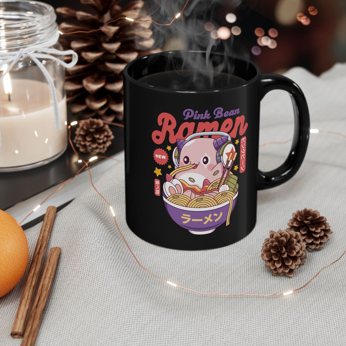 Pink Bean Ramen Kawaii Black Mug