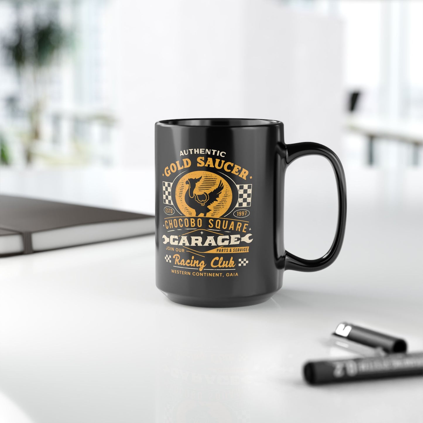 Gold Saucer Garage Vintage Black Mug