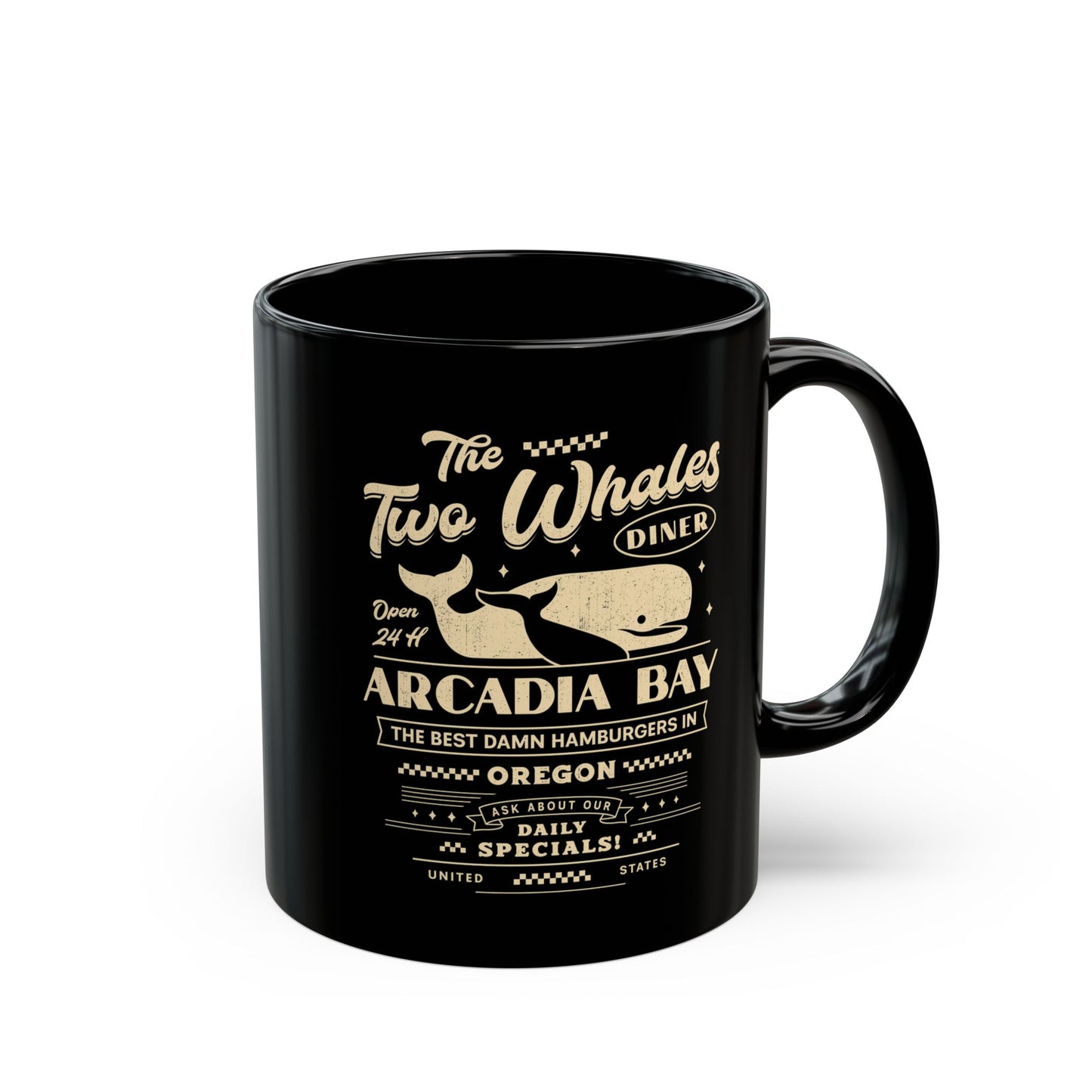 The Two Whales Diner Emblem Black Mug