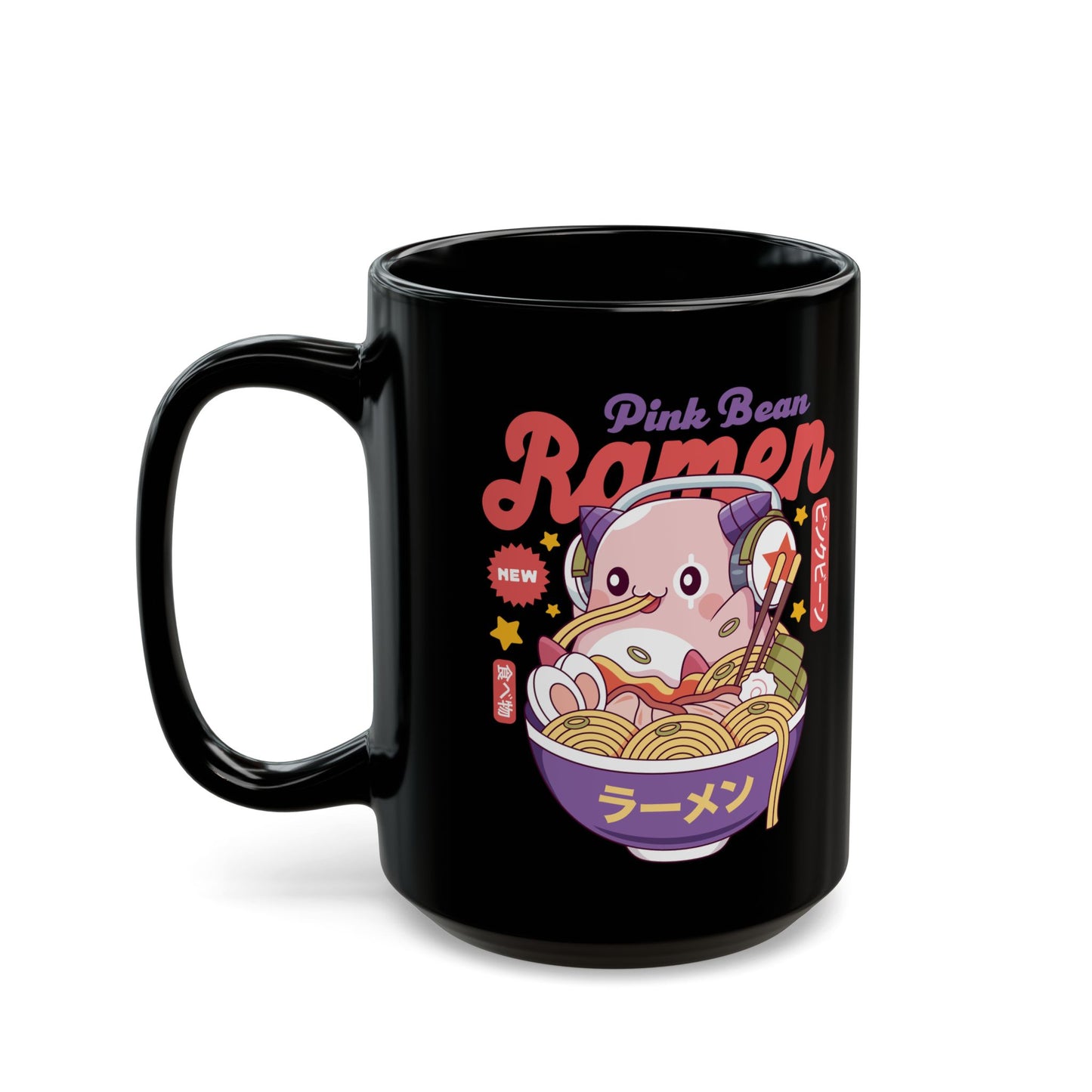 Pink Bean Ramen Kawaii Black Mug