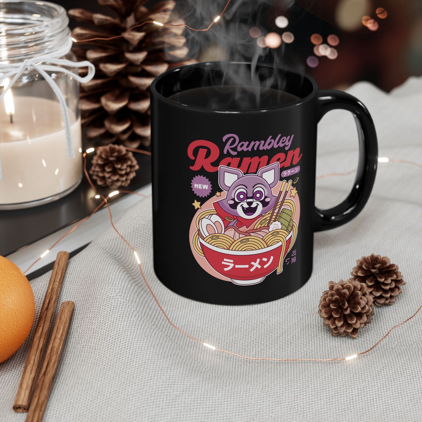 Rambley The Raccoon Ramen Black Mug