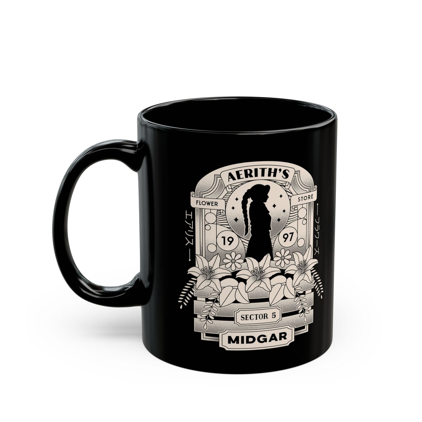 Aerith And Flowers Black Mug