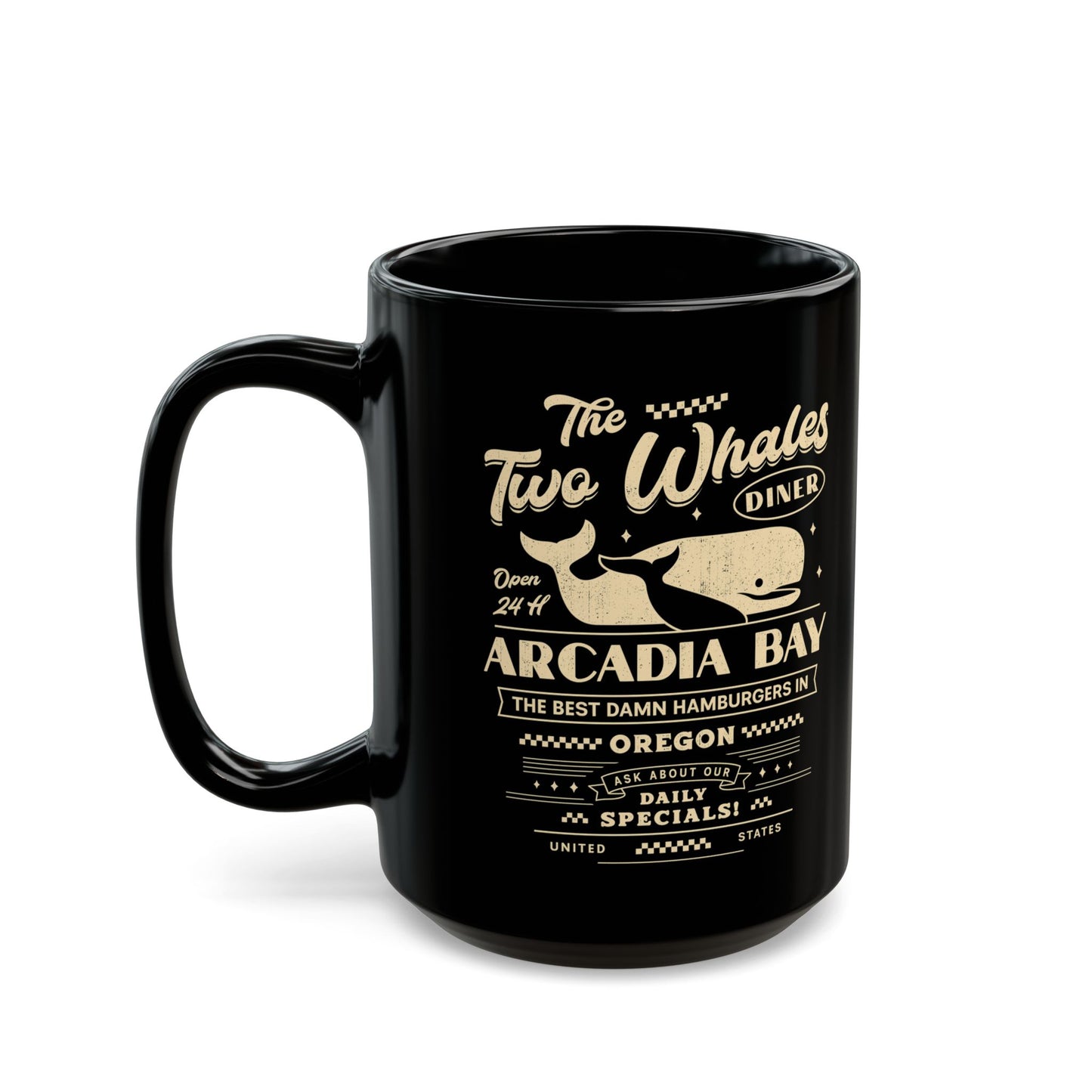 The Two Whales Diner Emblem Black Mug