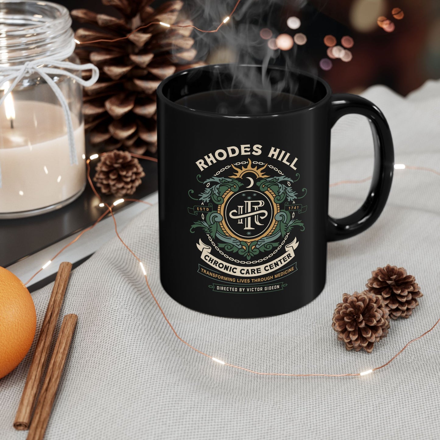 Rhodes Hill Chronic Care Center Crest Black Mug