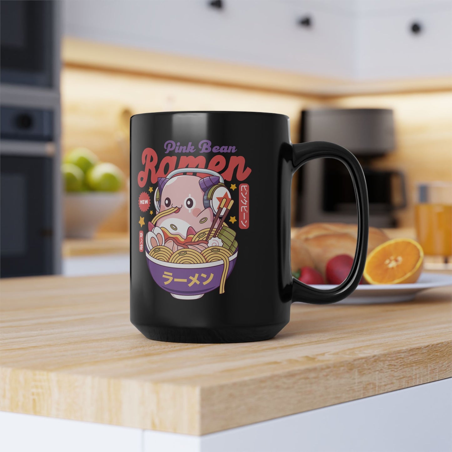 Pink Bean Ramen Kawaii Black Mug