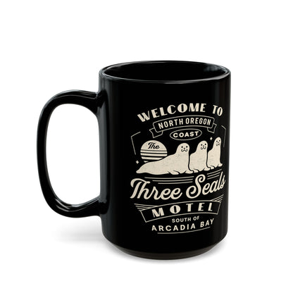 Three Seals Motel Emblem Black Mug
