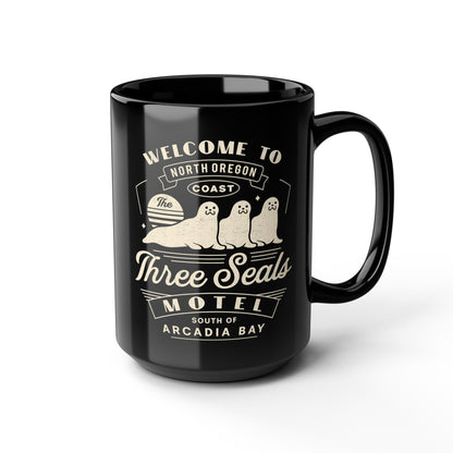 Three Seals Motel Emblem Black Mug