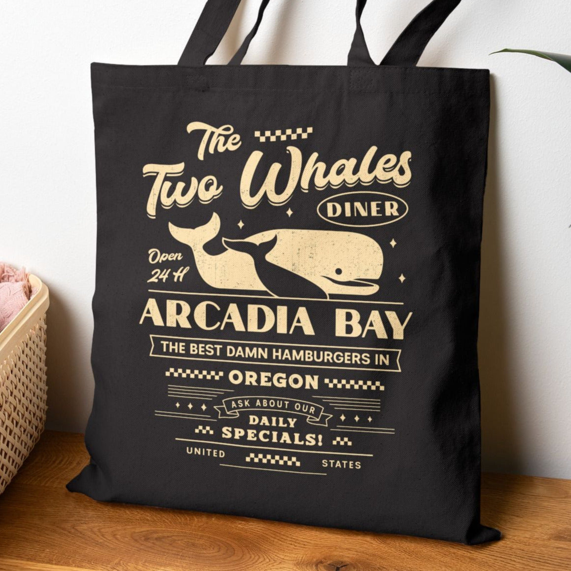 The Two Whales Diner Emblem Cotton Canvas Tote Bag