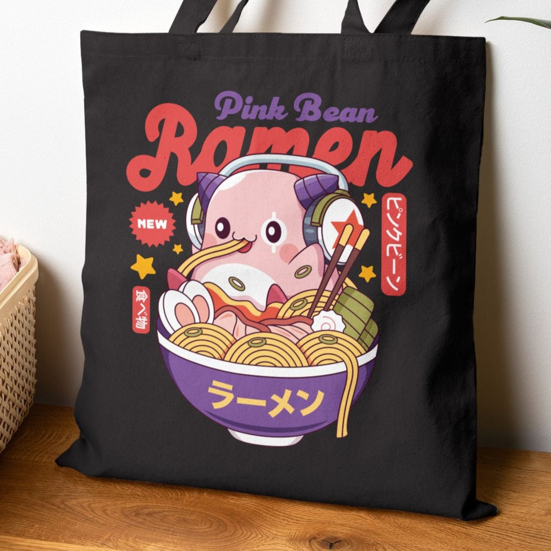 Pink Bean Ramen Kawaii Canvas Tote Bag