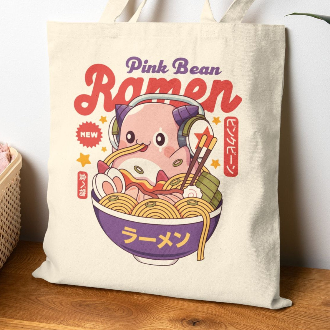 Pink Bean Ramen Kawaii Canvas Tote Bag