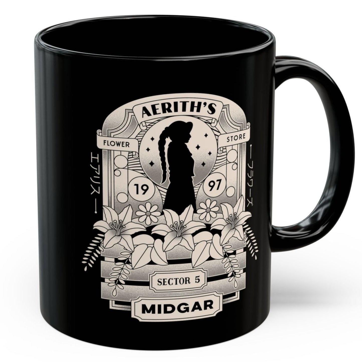 Aerith And Flowers Black Mug