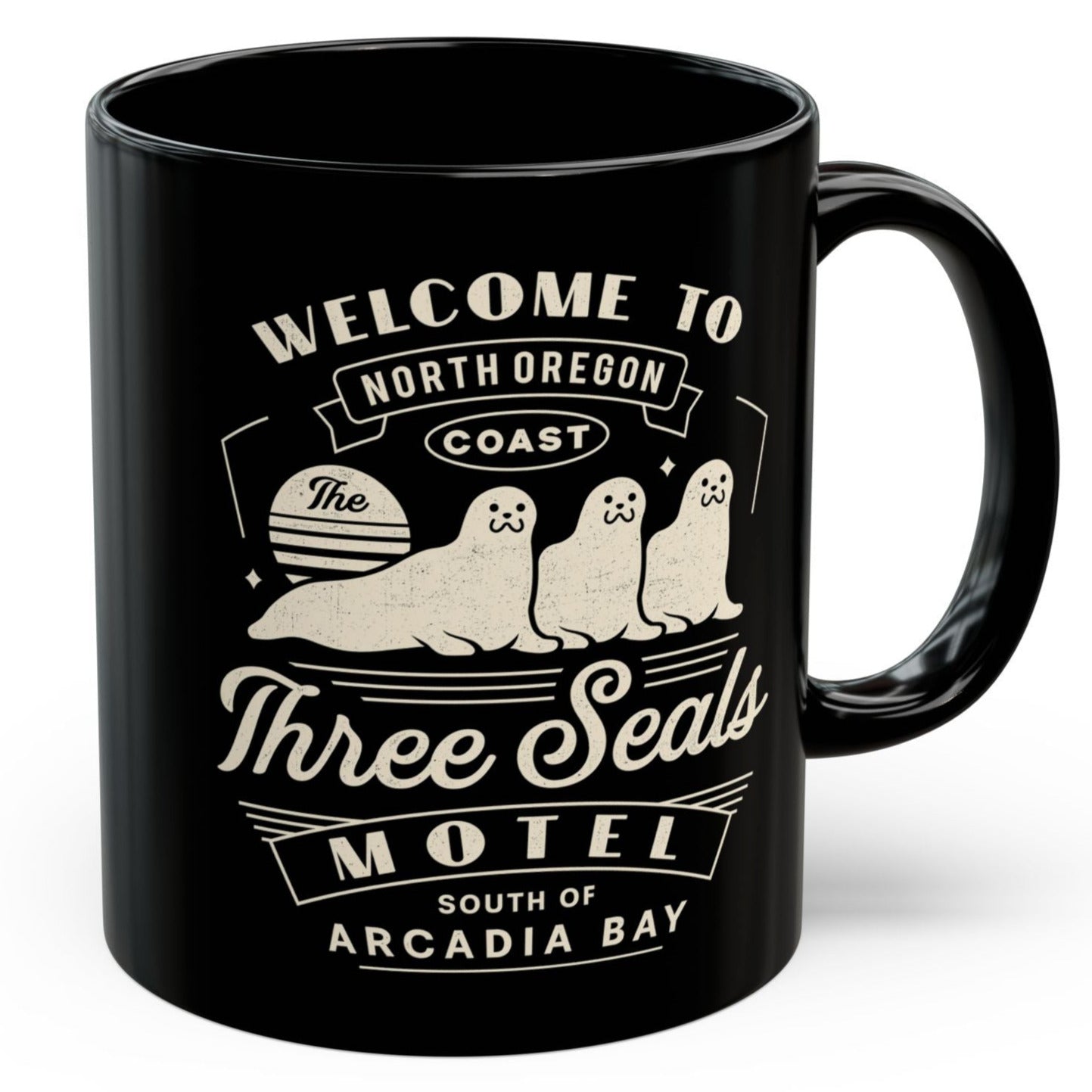 Three Seals Motel Emblem Black Mug