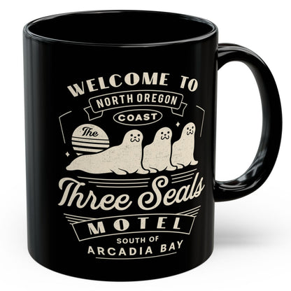 Three Seals Motel Emblem Black Mug