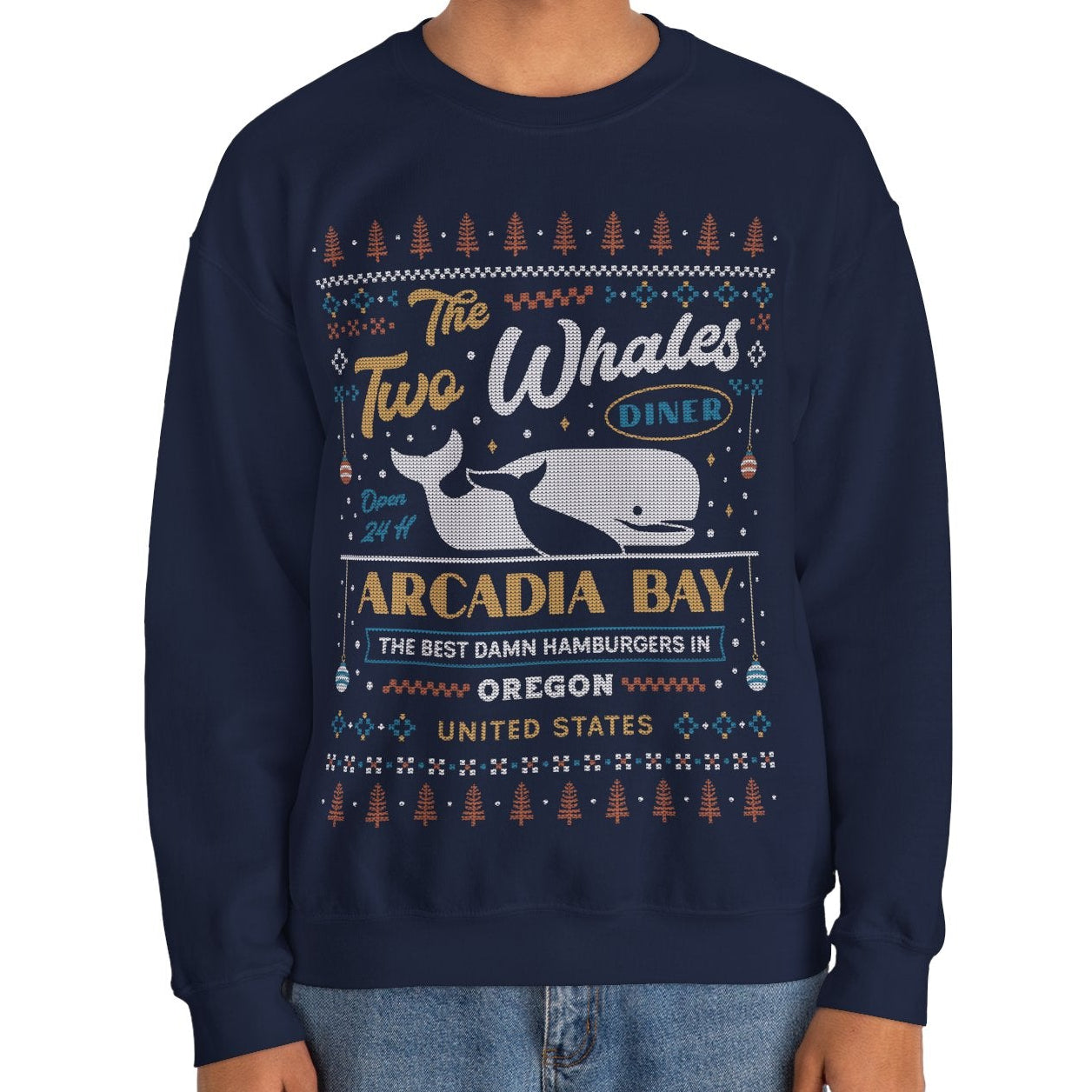 Two Whales Diner Ugly Sweater Unisex Crewneck Sweatshirt