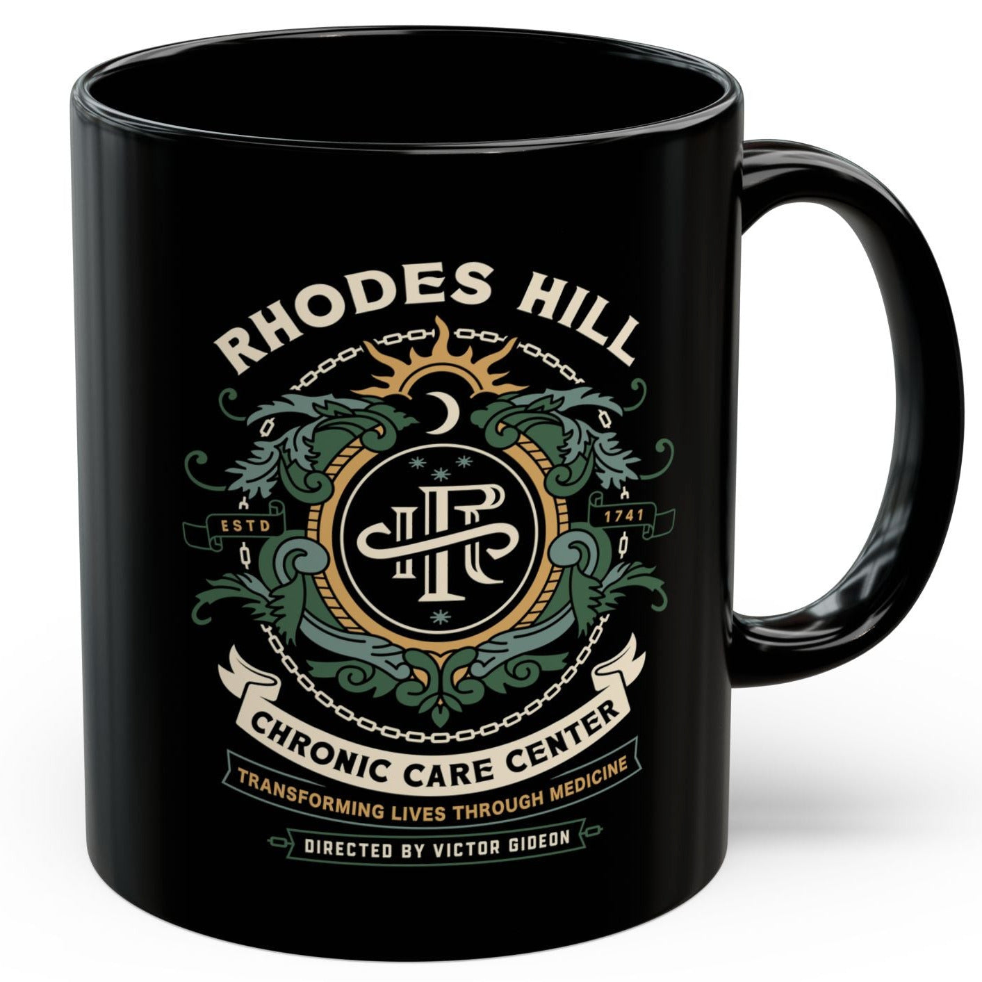 Rhodes Hill Chronic Care Center Crest Black Mug