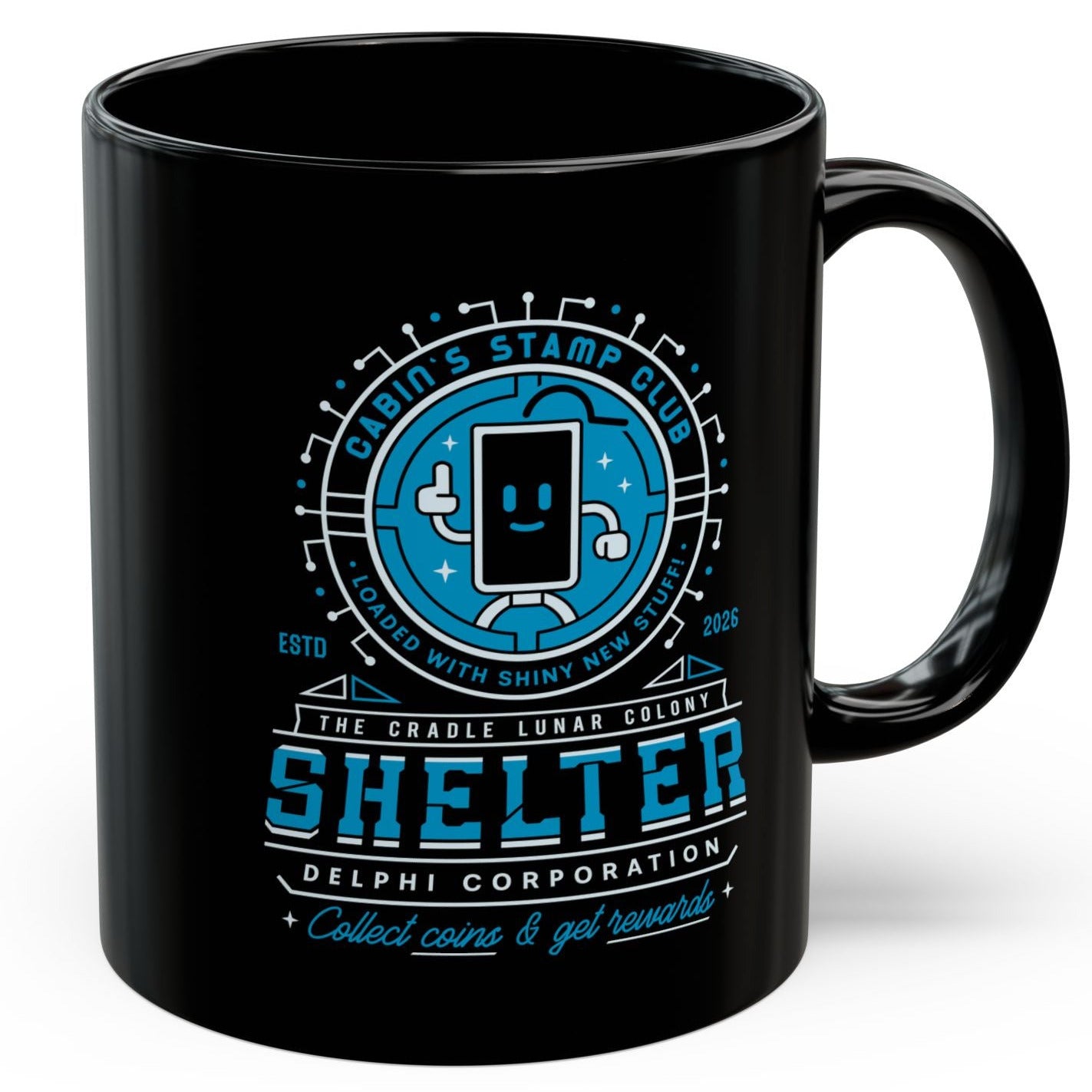 Cabin Coins Stamp Club Emblem Black Mug