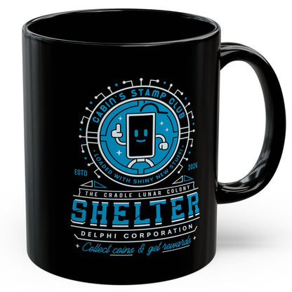 Cabin Coins Stamp Club Emblem Black Mug