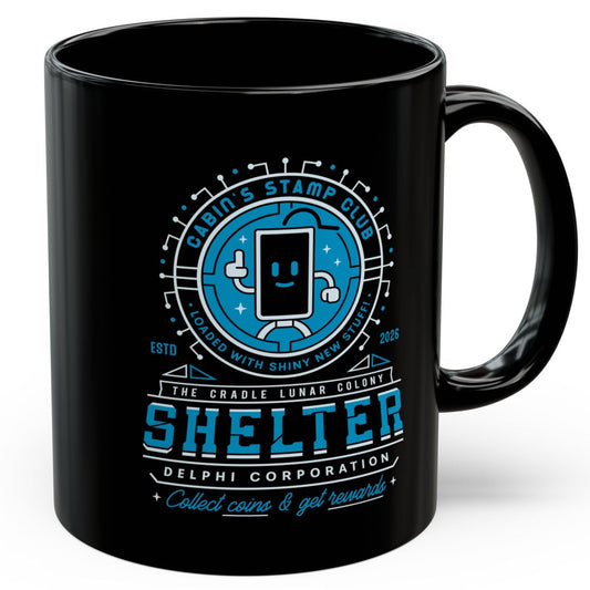 Cabin Coins Stamp Club Emblem Black Mug