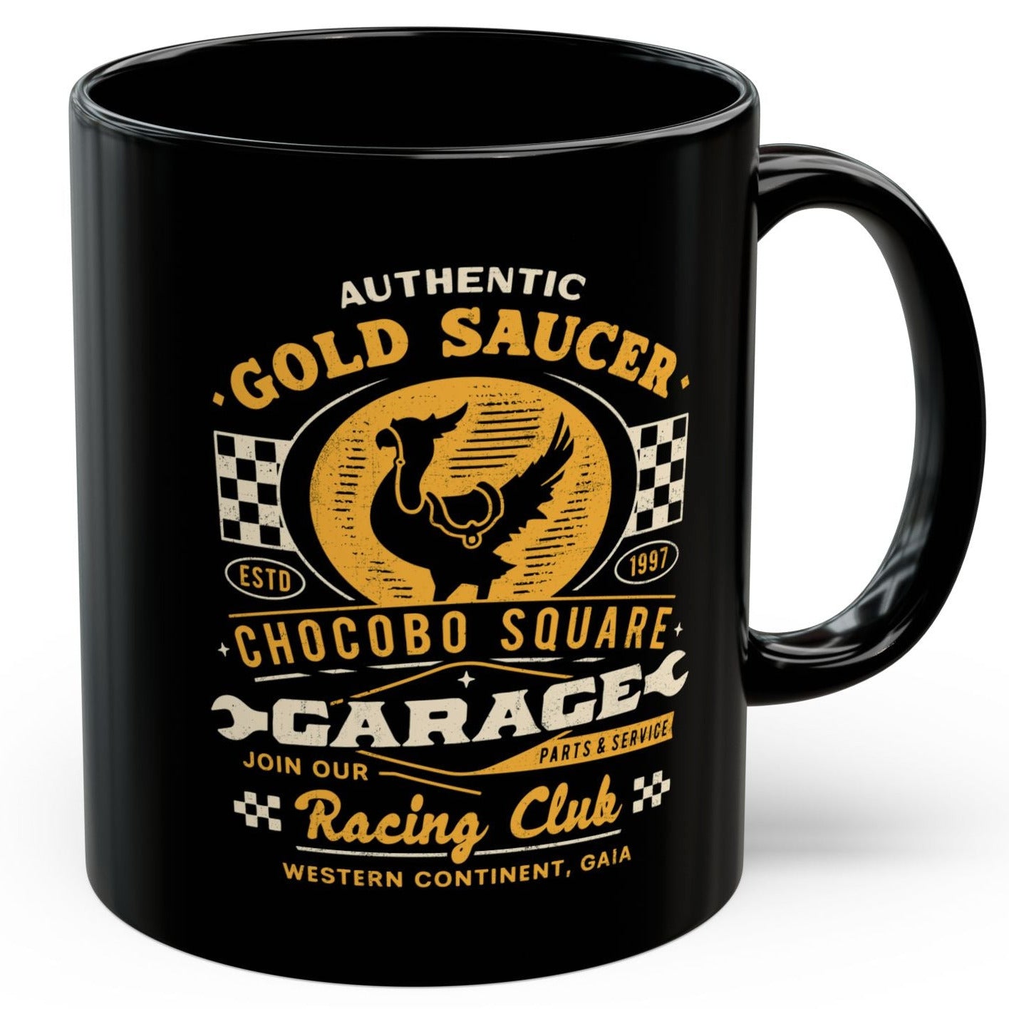 Gold Saucer Garage Vintage Black Mug