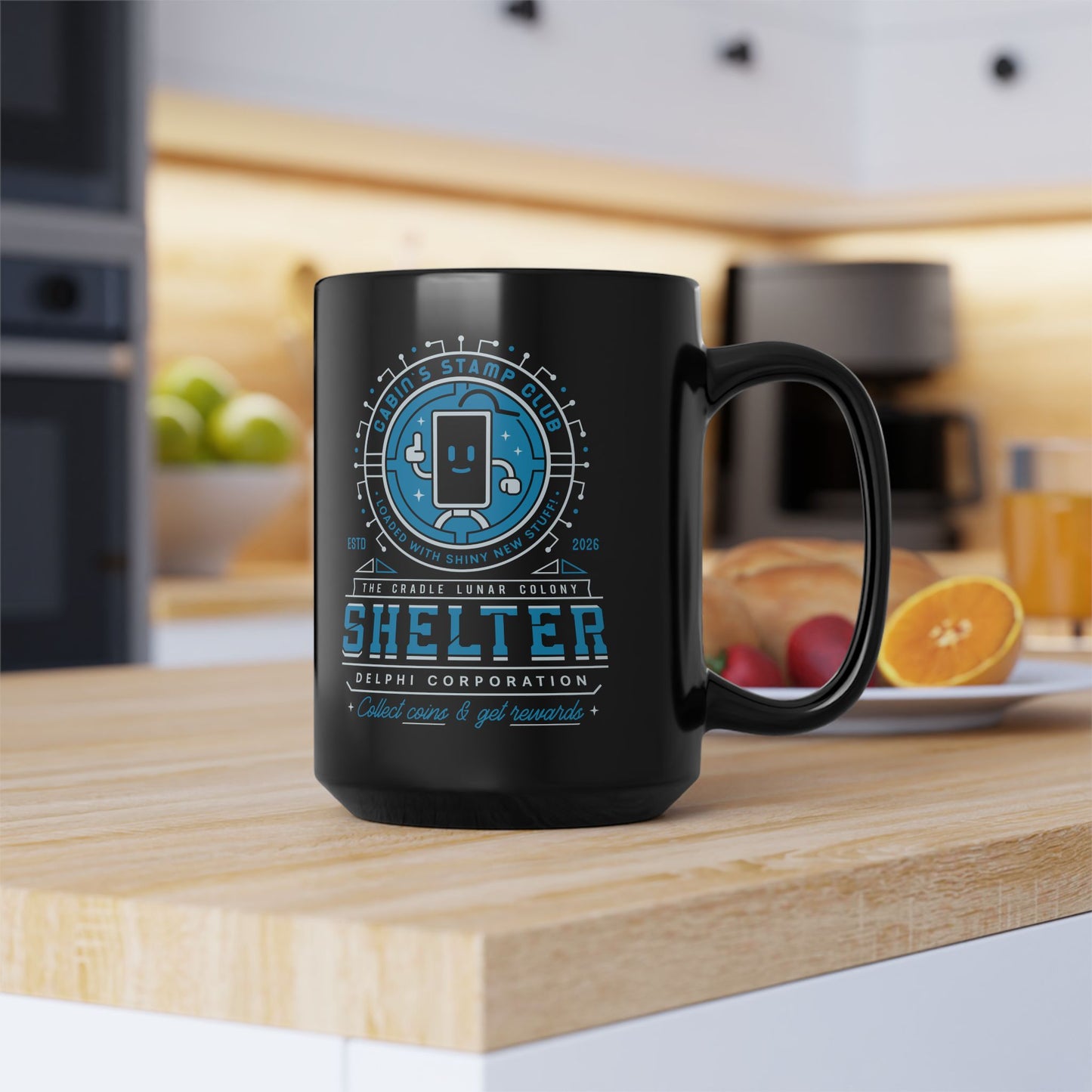 Cabin Coins Stamp Club Emblem Black Mug