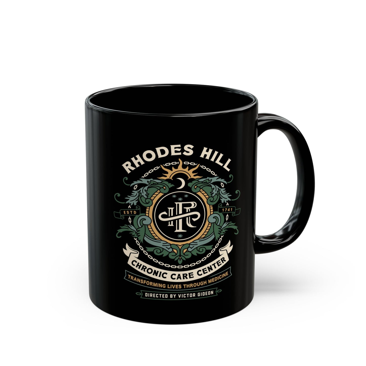 Rhodes Hill Chronic Care Center Crest Black Mug
