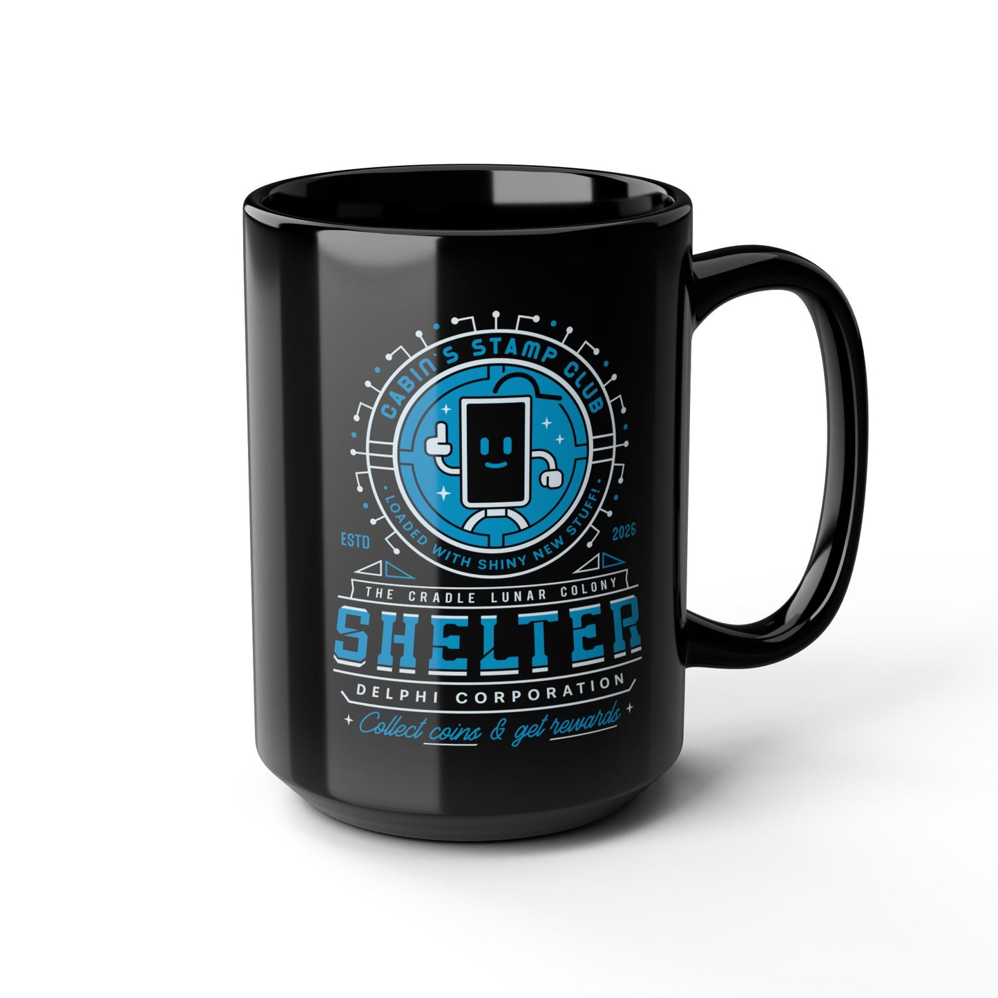 Cabin Coins Stamp Club Emblem Black Mug