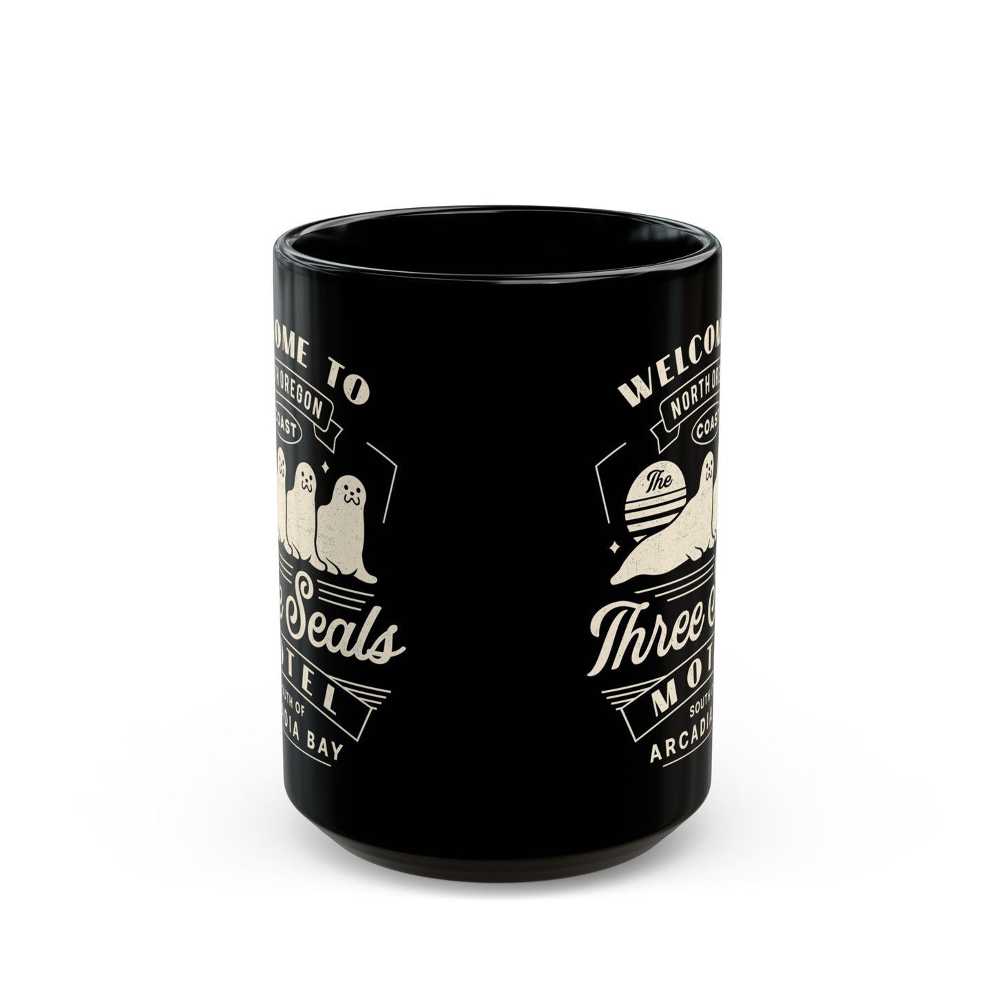 Three Seals Motel Emblem Black Mug