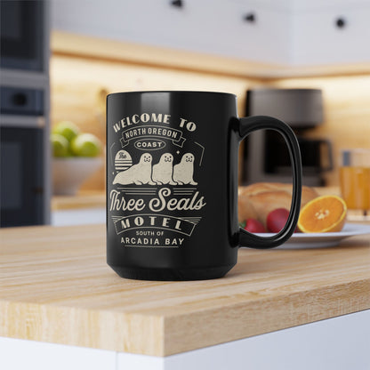 Three Seals Motel Emblem Black Mug