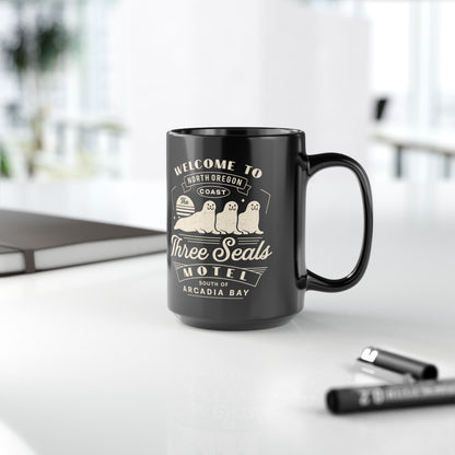 Three Seals Motel Emblem Black Mug