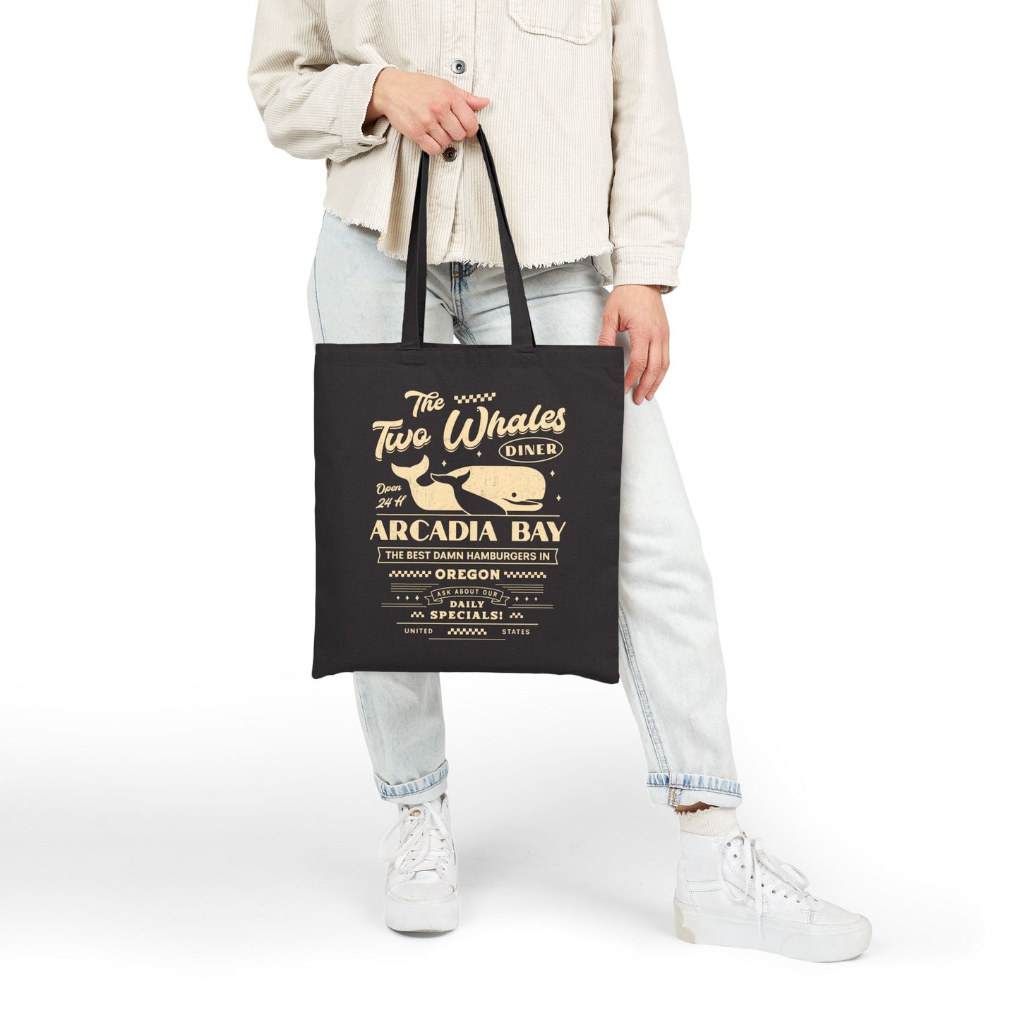 The Two Whales Diner Emblem Cotton Canvas Tote Bag
