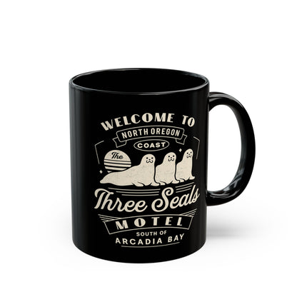 Three Seals Motel Emblem Black Mug
