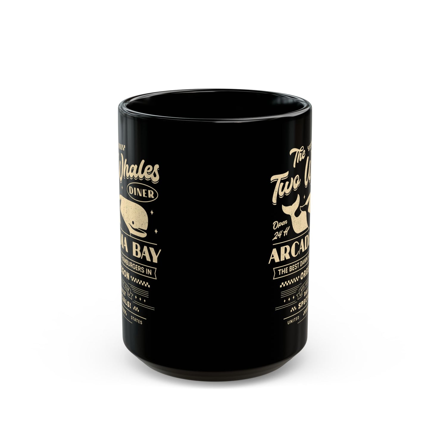 The Two Whales Diner Emblem Black Mug